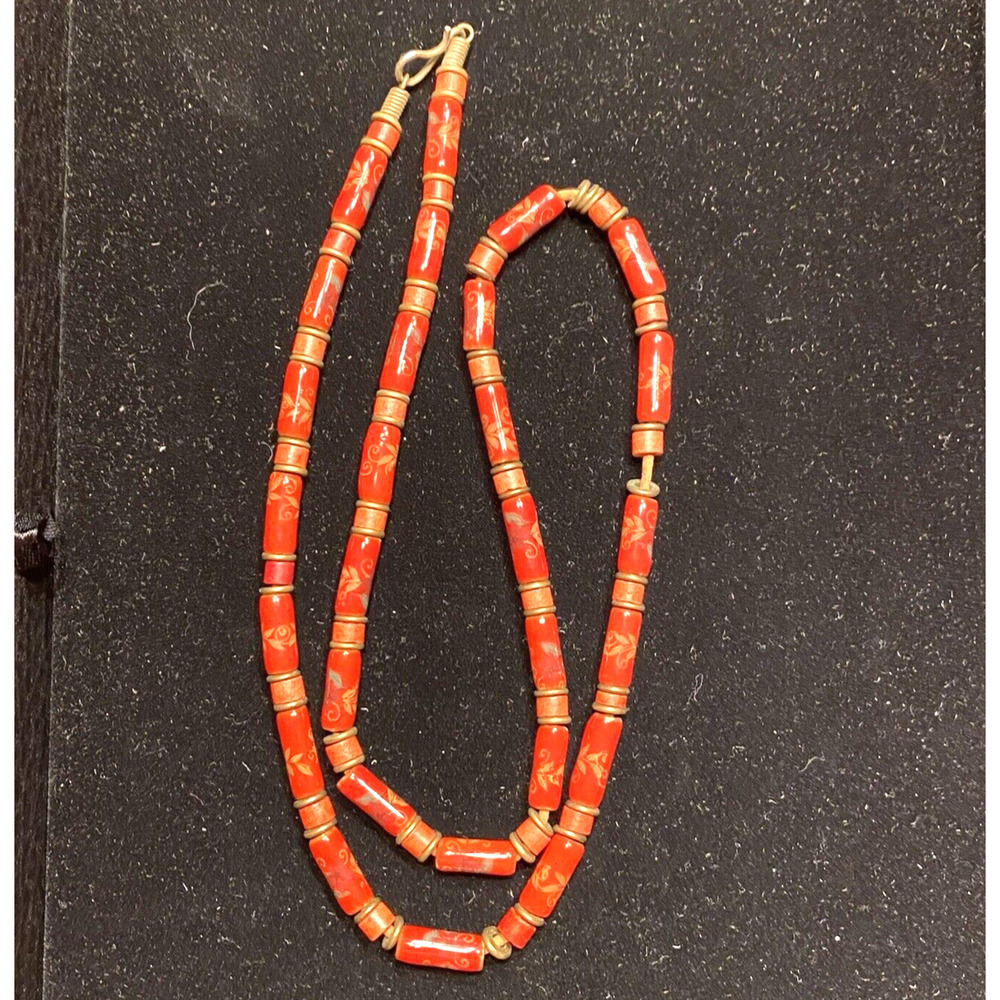 Mod Burnt Orange Beaded Necklace Stone Beads Boho Organic Single Loop Artisan